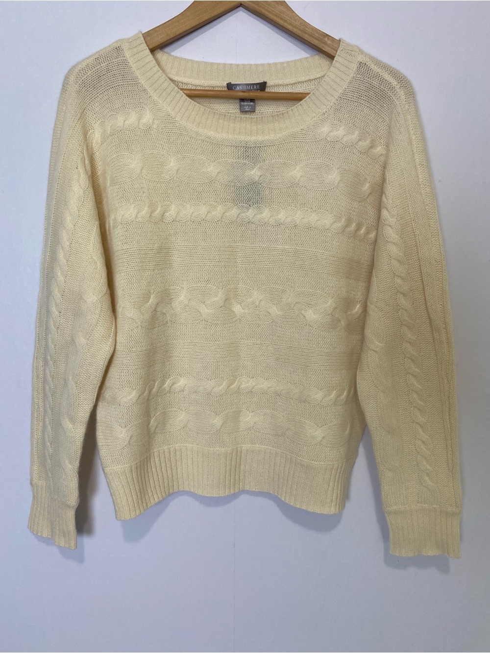 CHARTER CLUB 100% 2-Ply Cashmere Ivory Cabled Boat Neck Sweater Med NWT